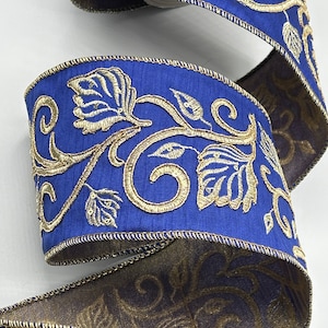 4&quot; Gold Leaf Scroll on Blue Dupion Ribbon ~ Embroidered ~ Wired Edges ~ d stevens ~ 10 Yard Roll