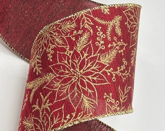 4" Gold Glittered Poinsettias ~ Burgundy Satin Ribbon ~ Wired Edges ~ d stevens ~ 10 Yard Roll