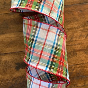 2.5” or 4" White Plaid Dupioni Ribbon ~ Faux Silk ~ Blue Green Red Yellow ~ Wired Edges ~ 10 Yard Spool