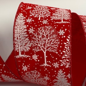 May include: Red ribbon with a white snowflake and tree pattern. The ribbon has a satin finish.