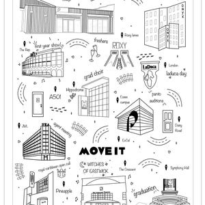 May include: Black and white illustration of a university memory map with building sketches, road designs, and text labels like "graduation" and "freshers." The map includes the years 2023-2026.