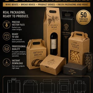 Può includere: Una collezione di 50 modelli di fustellatura professionali per imballaggi, tra cui scatole per vino, pane e pasta. L'immagine mostra varie scatole di cartone marrone e nero con testo e grafiche stampate, insieme a disegni vettoriali.
