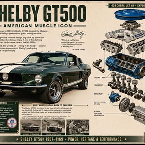 May include: A poster featuring a dark green Shelby GT500 muscle car with white racing stripes, alongside an exploded view diagram of the 428 Cobra Jet V8 engine components, including the air cleaner, intake manifold, and transmission.