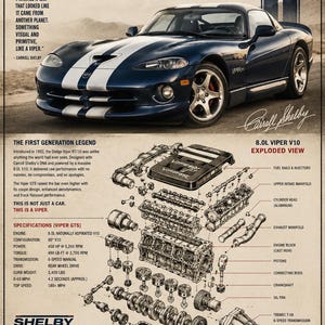 May include: A poster featuring a dark blue Dodge Viper GTS with white racing stripes, accompanied by an exploded view diagram of its 8.0L V10 engine. The text includes specifications, historical details, and the quote: I wanted a car that looked like it came from another planet. Something visual and primitive, like a viper.