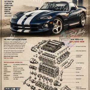 Dodge Viper GTS Poster, Vertical Viper Wall Art, V10 Engine Exploded View, 90s American Sports Car Print, Digital Download