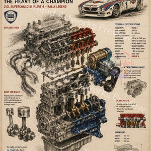 Lancia 037 Engine Blueprint Poster | Group B Rally Engine Art | Exploded View Motorsport Print | Vintage Racing Wall Decor| Digital Download