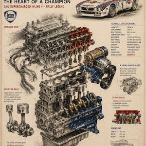 May include: A technical poster of the Lancia 037 rally car featuring an exploded view of its 2.0L supercharged inline 4 engine. The print includes detailed diagrams of the cylinder head, pistons, and technical specifications, with dimensions of 597mm by 650mm.