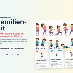 Puede incluir: Un paquete PDF digital titulado Familien-Fit que presenta ilustraciones de niños realizando varios ejercicios físicos. El conjunto incluye una hoja de posturas de ejercicio y tres tarjetas de instrucciones tituladas Stern-Schritte, Arme kreisen y Knie hoch.