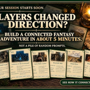 May include: A tabletop roleplaying game set featuring six rectangular cards with fantasy illustrations and text, including titles like Abandoned Crypt and Daro Flint, Carter. The cards are arranged on a dark wooden surface near a glowing lantern.