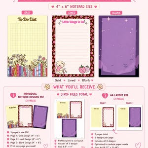 May include: A printable notepad bundle featuring three designs: a grid layout with books and flowers, a lined layout with a puppy and strawberries, and a blank purple night sky layout. The bundle includes 4 inch by 6 inch notepad sizes, PDF files, and A4 layout options for home printing.