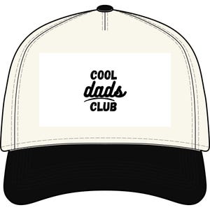 May include: A baseball cap with a white crown and a black brim. The cap features the text "COOL dads CLUB" in black script on a white rectangular patch.