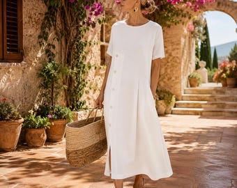 Abito midi da donna in cotone e lino, con bottoni e tasche, abito estivo fatto a mano, abito casual in lino dalla vestibilità ampia
