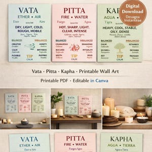 May include: A set of three rectangular wall art prints featuring Ayurvedic Dosha information for Vata, Pitta, and Kapha. Each print displays elements, qualities, and balanced or imbalanced states in English and Spanish text on light blue, pink, and green backgrounds.