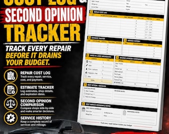 Repair Cost Log and Second Opinion Tracker | Car Repair Worksheet | Printable PDF + Excel | Instant Download