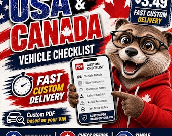 USA Canada Vehicle Checklist, Custom Used Car Inspection PDF, VIN Based Buyer Checklist, Fast Digital Delivery