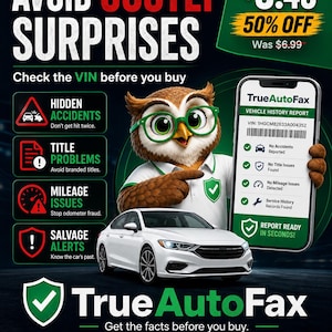 May include: An advertisement for TrueAutoFax, featuring a cartoon owl wearing glasses and a white car. The text reads "Avoid Costly Surprises" and highlights vehicle history checks for accidents, title problems, mileage issues, and salvage alerts.