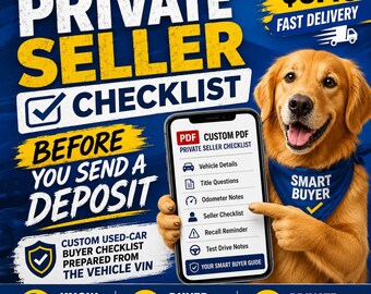 Custom Used Car Inspection Checklist PDF, VIN Based Vehicle Buyer Checklist, Title Odometer Seller Questions