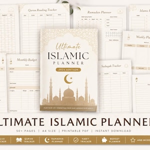 Könnte beinhalten: Ein Ultimate Islamic Planner mit cremefarbenem Einband, der eine Moscheen-Silhouette, einen Mond und einen Stern zeigt. Der Planer enthält verschiedene Tracker und Planungsseiten mit dem Text "2024 Edition" und "50+ Pages".