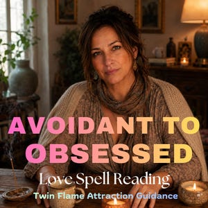 May include: A person with dark hair wearing a textured beige shawl over a patterned top, positioned behind a wooden table with two ceramic mugs containing lit candles and incense smoke. The text reads AVOIDANT TO OBSESSED Love Spell Reading.