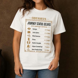 Odysseus Journey Status Delayed Tshirt, Greek Mythology Departure Board Tee, Funny Classics Student Top, Ancient Epic Bookish Nerd T Shirt