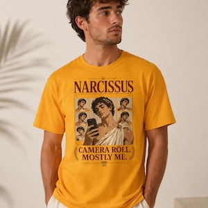 Narcissus Greek Mythology Funny Ego Quote Graphic T Shirt, Camera Roll Selfie Joke Unisex Tee, Classics Lover Top, Bookish Birthday Gift
