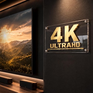 4K Ultra HD Acrylic Sign, Luxury Home Theater Wall Decor, Gold Mirror Plexiglass Cinema Room TV Sign