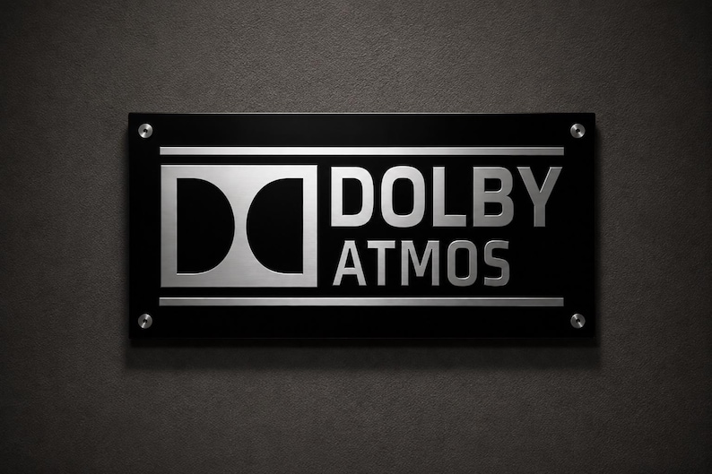 Może przedstawiać: Czarny prostokątny znak z napisem "DOLBY ATMOS" w srebrnych literach. Logo Dolby znajduje się po lewej stronie. Znak jest zamontowany za pomocą czterech srebrnych śrub na ciemnoszarej, teksturowanej ścianie.