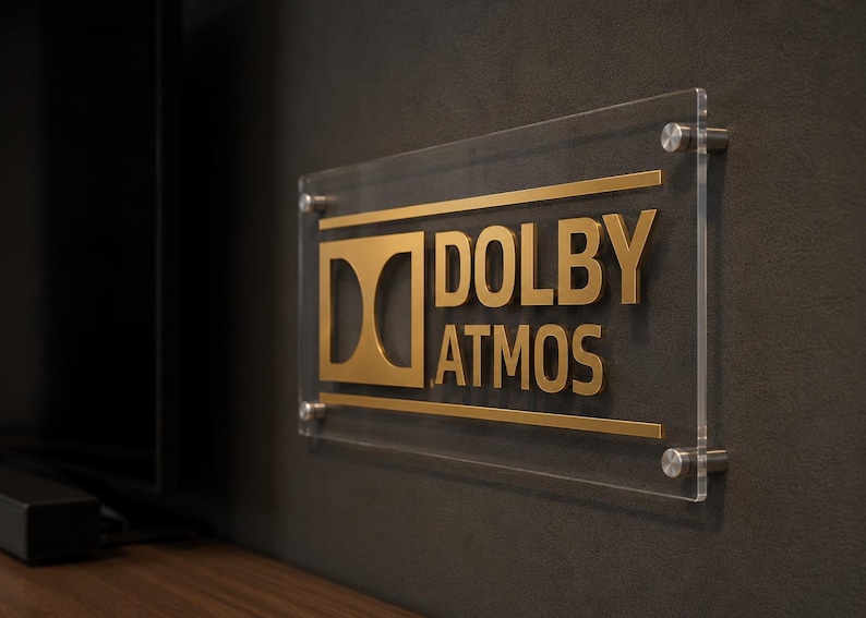 Może przedstawiać: Przezroczysty akrylowy znak z złotymi literami i logo Dolby Atmos. Znak jest zamontowany na ciemnoszarej ścianie ze srebrnym osprzętem. Znak jest prostokątny i ma nowoczesny design.