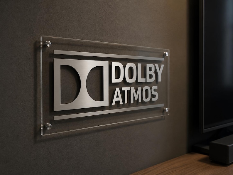 Może przedstawiać: Przezroczysty akrylowy znak z logo Dolby Atmos w kolorze srebrnym. Znak jest zamontowany na ciemnoszarej ścianie za pomocą srebrnych element&oacute;w mocujących. Logo zawiera symbol Dolby i słowa "DOLBY ATMOS".