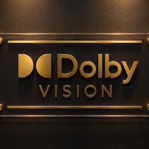 K&ouml;nnte beinhalten: Ein rechteckiges Schild aus klarem Acryl mit dem goldfarbenen Dolby Vision Logo und Schriftzug. Das Schild ist mit vier goldfarbenen, runden Abstandshaltern an den Ecken befestigt und enth&auml;lt zwei horizontale goldene Linien &uuml;ber und unter dem Text.