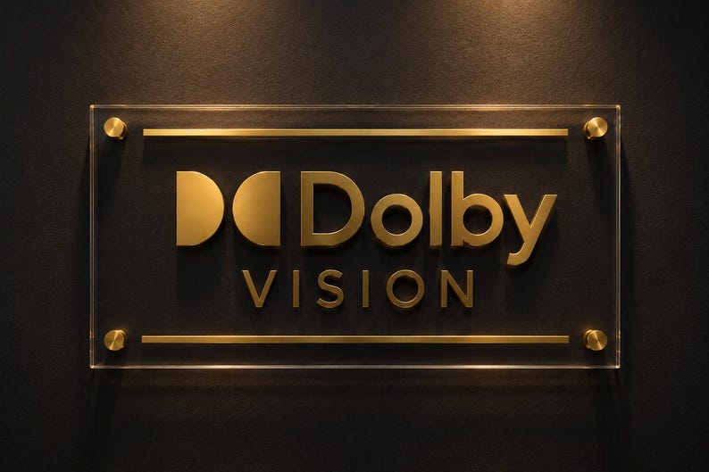 K&ouml;nnte beinhalten: Ein rechteckiges Schild aus klarem Acryl mit dem goldfarbenen Dolby Vision Logo und Schriftzug. Das Schild ist mit vier goldfarbenen, runden Abstandshaltern an den Ecken befestigt und enth&auml;lt zwei horizontale goldene Linien &uuml;ber und unter dem Text.