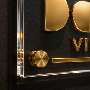 K&ouml;nnte beinhalten: Ein rechteckiges Schild mit einer transparenten Acrylplatte, die mit goldenen, runden Abstandshaltern befestigt ist. Das Schild zeigt erhabene, polierte goldene Buchstaben, die "DD" &uuml;ber dem Wort "VISION" und einer horizontalen Linie bilden.