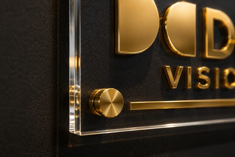 K&ouml;nnte beinhalten: Ein rechteckiges Schild mit einer transparenten Acrylplatte, die mit goldenen, runden Abstandshaltern befestigt ist. Das Schild zeigt erhabene, polierte goldene Buchstaben, die "DD" &uuml;ber dem Wort "VISION" und einer horizontalen Linie bilden.