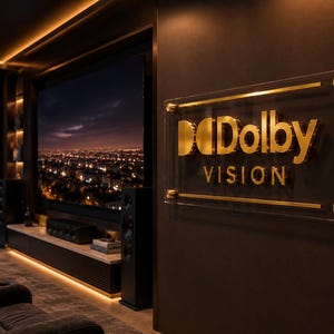 K&ouml;nnte beinhalten: Ein rechteckiges Wand-Schild aus klarem Acryl mit dem goldfarbenen Schriftzug Dolby VISION. Das Schild ist mit vier goldfarbenen, runden Abstandshaltern an einer dunklen Wand befestigt, neben einem Heimkinosystem mit Bildschirm und Lautsprechern.