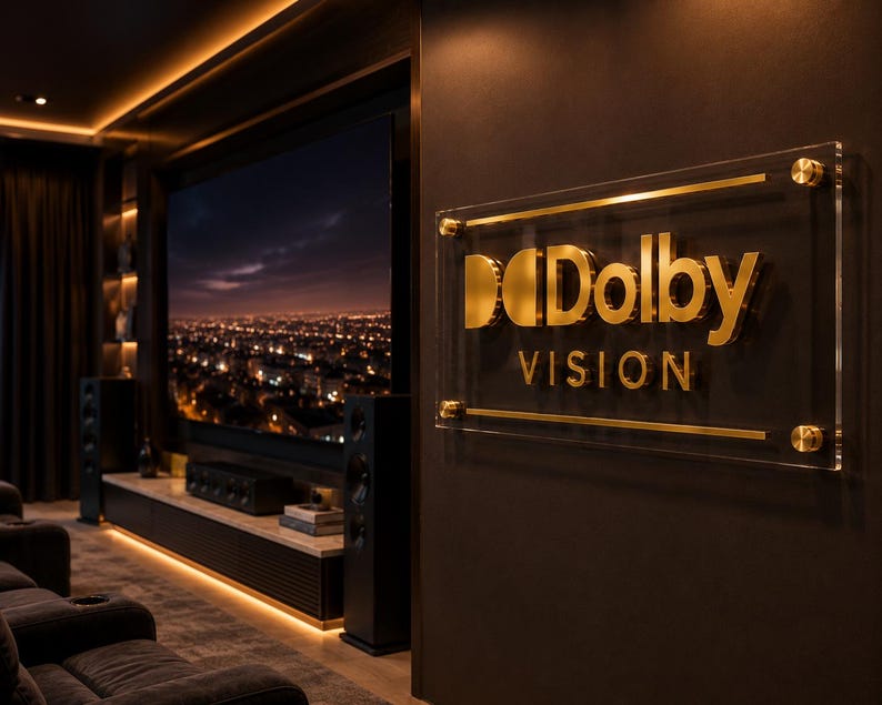 K&ouml;nnte beinhalten: Ein rechteckiges Wand-Schild aus klarem Acryl mit dem goldfarbenen Schriftzug Dolby VISION. Das Schild ist mit vier goldfarbenen, runden Abstandshaltern an einer dunklen Wand befestigt, neben einem Heimkinosystem mit Bildschirm und Lautsprechern.