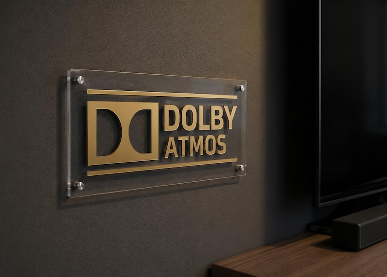 Może przedstawiać: Przezroczysty akrylowy znak z złotym logo "DOLBY ATMOS", zamontowany na ciemnoszarej ścianie. Prostokątny znak jest zabezpieczony czterema srebrnymi śrubami. Widoczny jest czarny soundbar i telewizor.