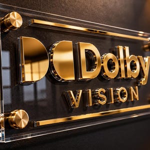 K&ouml;nnte beinhalten: Ein rechteckiges Schild aus klarem Acryl mit dem goldenen Dolby Vision Logo und Schriftzug. Das Schild ist mit vier runden, goldfarbenen Metallabstandshaltern an den Ecken befestigt, was durch goldene horizontale Zierleisten einen Schichteffekt erzeugt.