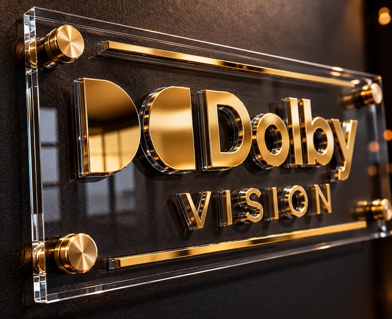 K&ouml;nnte beinhalten: Ein rechteckiges Schild aus klarem Acryl mit dem goldenen Dolby Vision Logo und Schriftzug. Das Schild ist mit vier runden, goldfarbenen Metallabstandshaltern an den Ecken befestigt, was durch goldene horizontale Zierleisten einen Schichteffekt erzeugt.