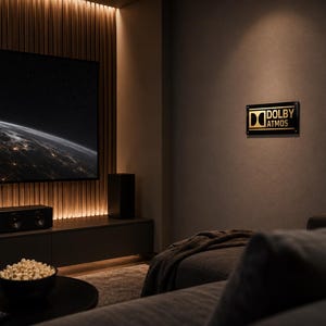 Może przedstawiać: Konfiguracja kina domowego z dużym telewizorem z płaskim ekranem wyświetlającym scenę kosmiczną. Pod ekranem znajduje się soundbar i subwoofer. Na ścianie znajduje się znak Dolby Atmos. Pok&oacute;j ma ciemnoszare ściany, czarną szafkę i czarną sofę.