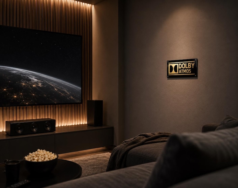 Może przedstawiać: Konfiguracja kina domowego z dużym telewizorem z płaskim ekranem wyświetlającym scenę kosmiczną. Pod ekranem znajduje się soundbar i subwoofer. Na ścianie znajduje się znak Dolby Atmos. Pok&oacute;j ma ciemnoszare ściany, czarną szafkę i czarną sofę.