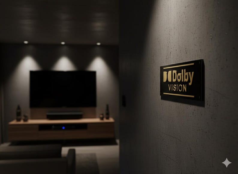 K&ouml;nnte beinhalten: Ein rechteckiges schwarzes Schild mit goldener Aufschrift Dolby Vision, montiert an einer dunkelgrauen, strukturierten Wand. Das Schild verf&uuml;gt &uuml;ber einen horizontalen goldenen Linienakzent und befindet sich in einem schwach beleuchteten Raum.