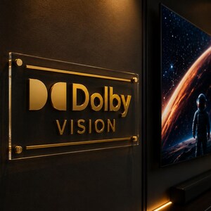 K&ouml;nnte beinhalten: Ein rechteckiges Wand-Schild aus klarem Acryl mit dem goldfarbenen Dolby Vision Logo und Schriftzug. Das Schild ist mit vier goldfarbenen Abstandshaltern an einer dunklen Wand befestigt, neben einem Fernsehbildschirm mit einer Weltraumszene.