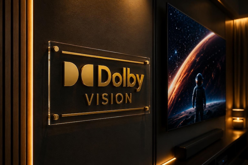 K&ouml;nnte beinhalten: Ein rechteckiges Wand-Schild aus klarem Acryl mit dem goldfarbenen Dolby Vision Logo und Schriftzug. Das Schild ist mit vier goldfarbenen Abstandshaltern an einer dunklen Wand befestigt, neben einem Fernsehbildschirm mit einer Weltraumszene.