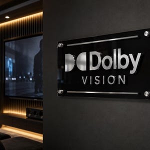 K&ouml;nnte beinhalten: Ein rechteckiges Wand-Schild aus schwarzem Acryl mit dem silbernen, metallischen Dolby Vision Logo und Schriftzug. Das Schild ist mit vier silbernen, runden Abstandshaltern an den Ecken befestigt und hat zwei horizontale silberne Metallleisten.