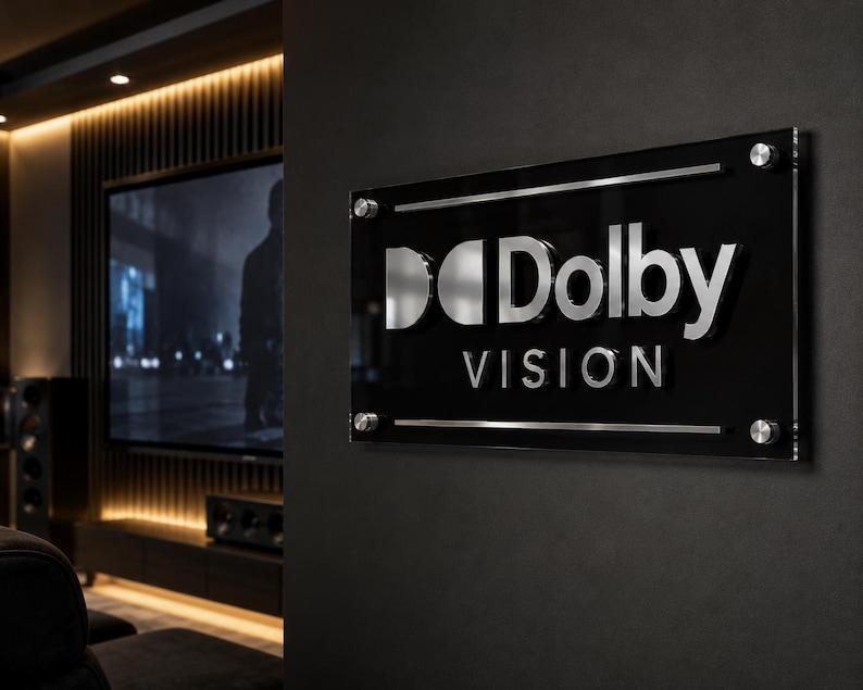 K&ouml;nnte beinhalten: Ein rechteckiges Wand-Schild aus schwarzem Acryl mit dem silbernen, metallischen Dolby Vision Logo und Schriftzug. Das Schild ist mit vier silbernen, runden Abstandshaltern an den Ecken befestigt und hat zwei horizontale silberne Metallleisten.