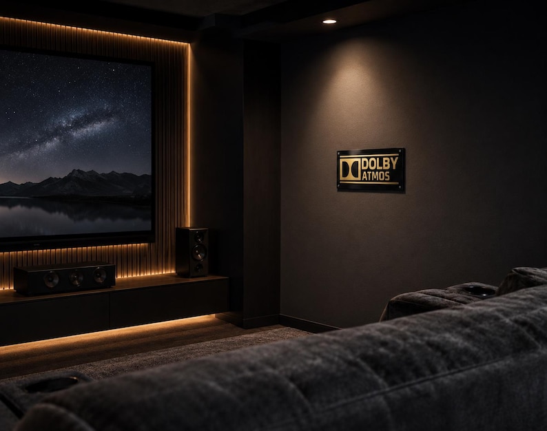 Może przedstawiać: Pok&oacute;j kina domowego z dużym ekranem wyświetlającym scenę nocnego nieba. Pok&oacute;j posiada znak Dolby Atmos, głośniki i ciemnoszarą sofę. Ciepłe oświetlenie podkreśla ekran i cechy pokoju.