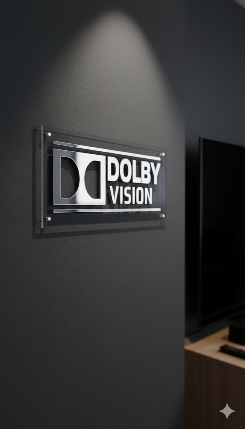 K&ouml;nnte beinhalten: Ein rechteckiges Wand-Schild mit dem Dolby Vision Logo in silberner Metallschrift auf einer transparenten Acrylplatte. Das Schild ist mit vier silbernen Abstandshaltern an den Ecken befestigt und zeigt den Text Dolby Vision.