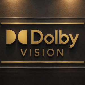 K&ouml;nnte beinhalten: Ein rechteckiges Schild aus klarem Acryl mit dem goldfarbenen Dolby Vision-Logo und Schriftzug. Das Schild ist mit vier goldfarbenen, runden Abstandshaltern an den Ecken befestigt und enth&auml;lt zwei horizontale goldene Linien.