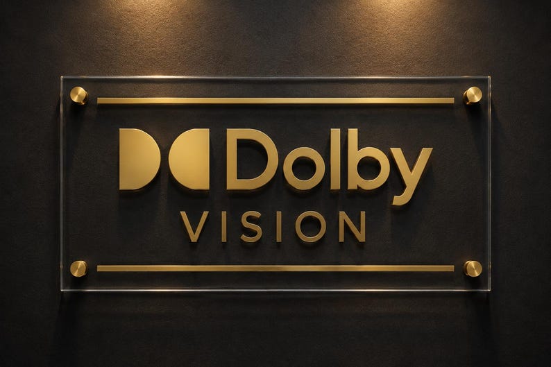 K&ouml;nnte beinhalten: Ein rechteckiges Schild aus klarem Acryl mit dem goldfarbenen Dolby Vision-Logo und Schriftzug. Das Schild ist mit vier goldfarbenen, runden Abstandshaltern an den Ecken befestigt und enth&auml;lt zwei horizontale goldene Linien.