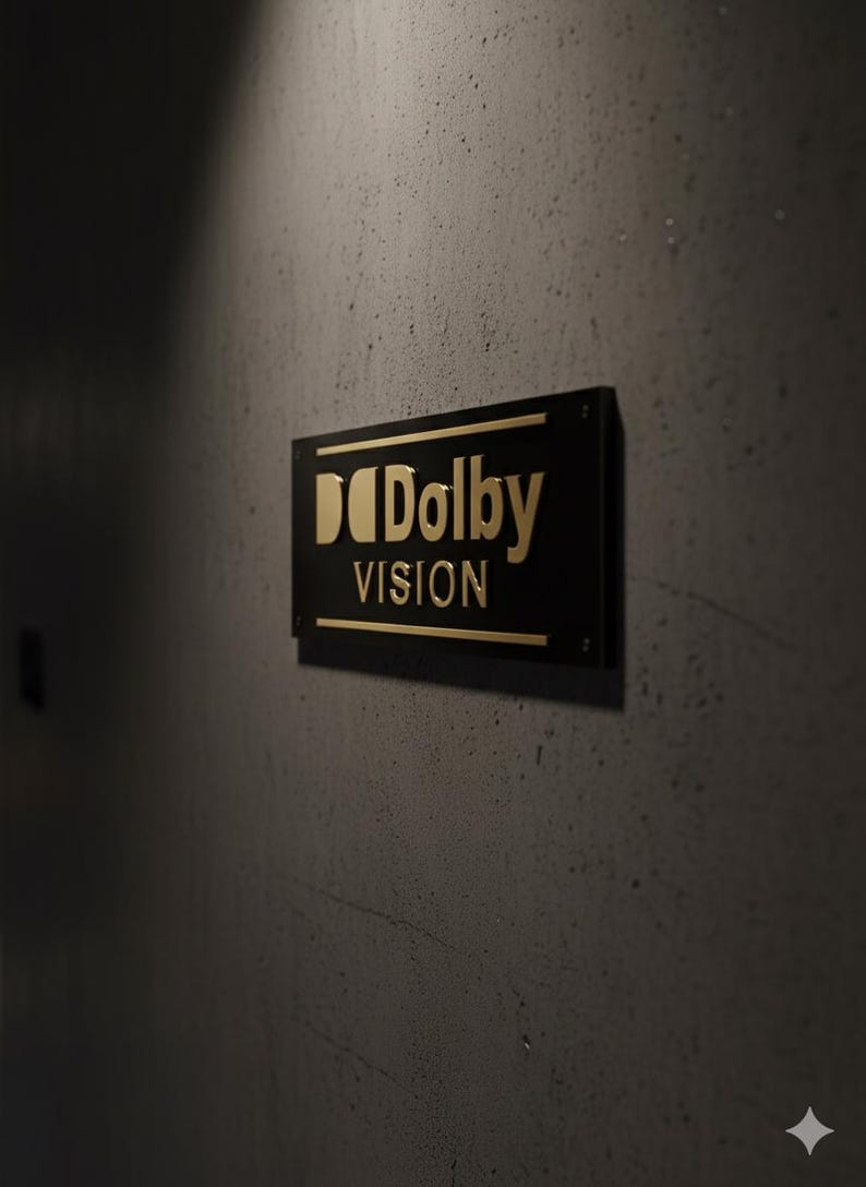 K&ouml;nnte beinhalten: Ein rechteckiges, schwarzes Wandschild mit dem goldfarbenen Dolby Vision-Logo und Schriftzug. Das Schild ist an einer dunklen, strukturierten Betonoberfl&auml;che befestigt, wobei die metallische Schrift deutlich auf dem mattschwarzen Hintergrund hervorsticht.